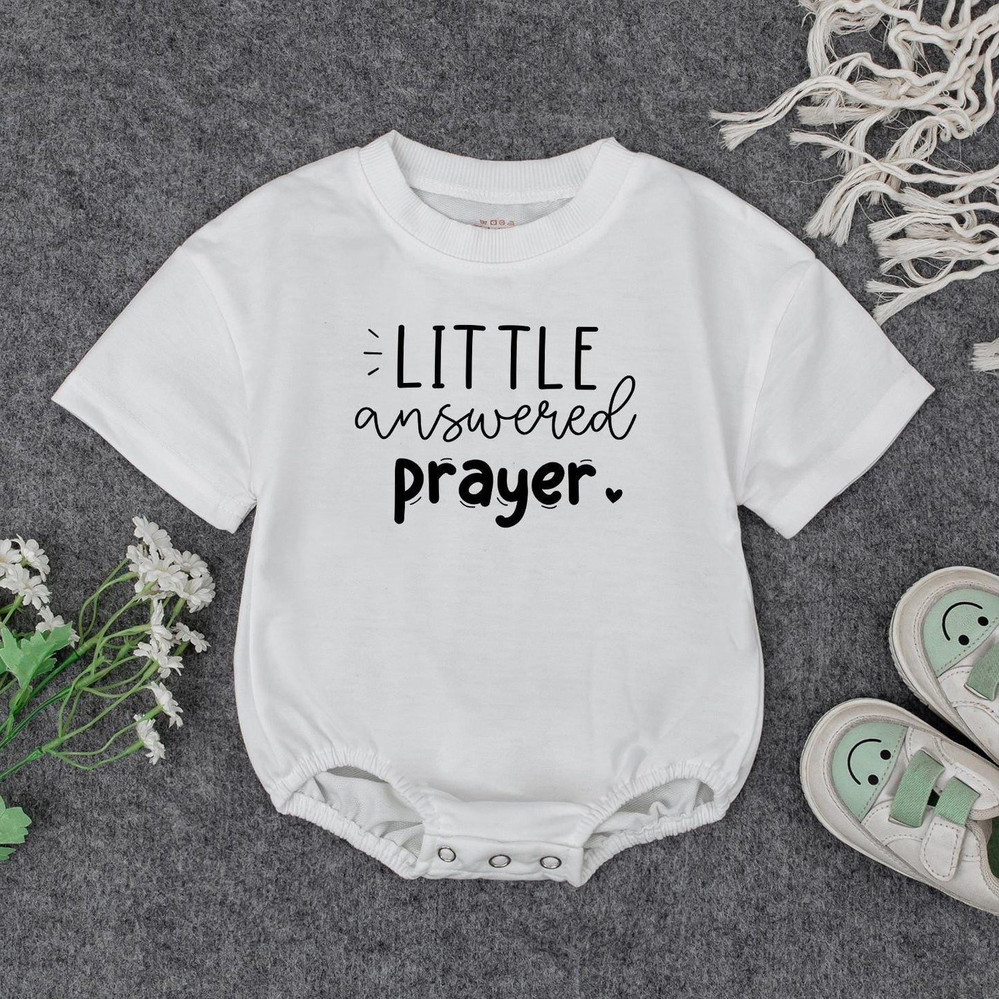 Little Answered Prayer Baby Girl Outfit Soft Pink Cursive Sweatshirt & White Romper Faith Christian Baby Shower Gift 3m-24m