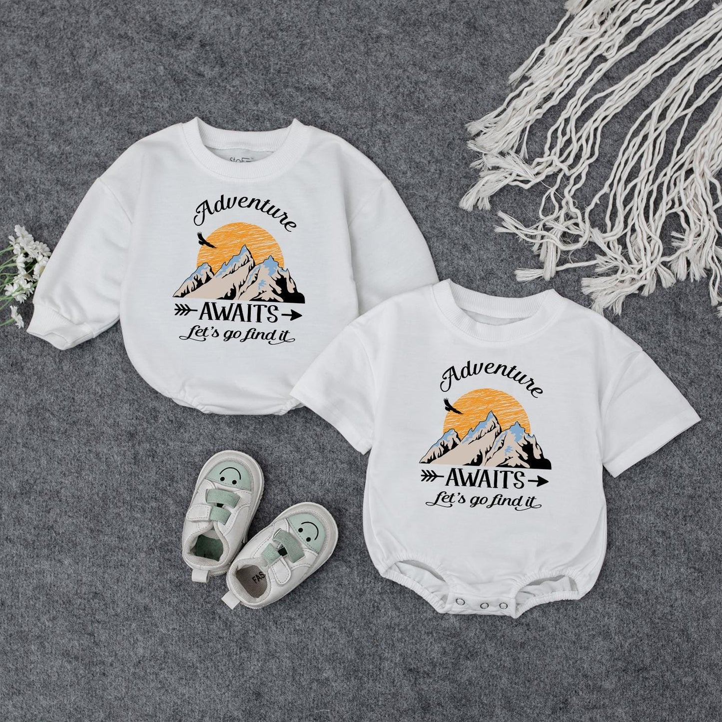 Adventure Awaits Baby Romper: Mountain Print Toddler Outfit for Exploring Let's Go Find It Gift Boy Girl Camping Baby Shower