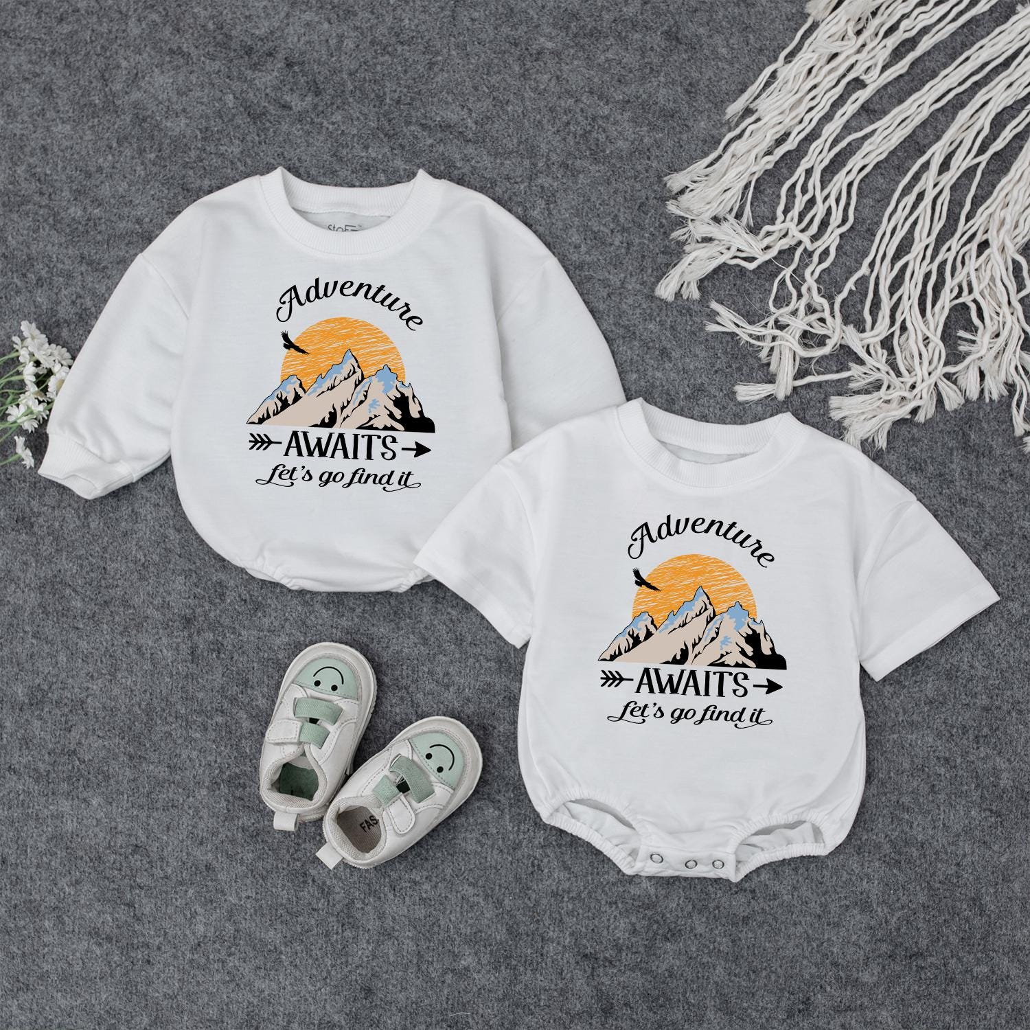 Adventure Awaits Baby Romper: Mountain Print Toddler Outfit for Exploring Let's Go Find It Gift Boy Girl Camping Baby Shower