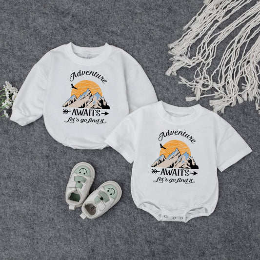 Adventure Awaits Baby Romper: Mountain Print Toddler Outfit for Exploring Let's Go Find It Gift Boy Girl Camping Baby Shower