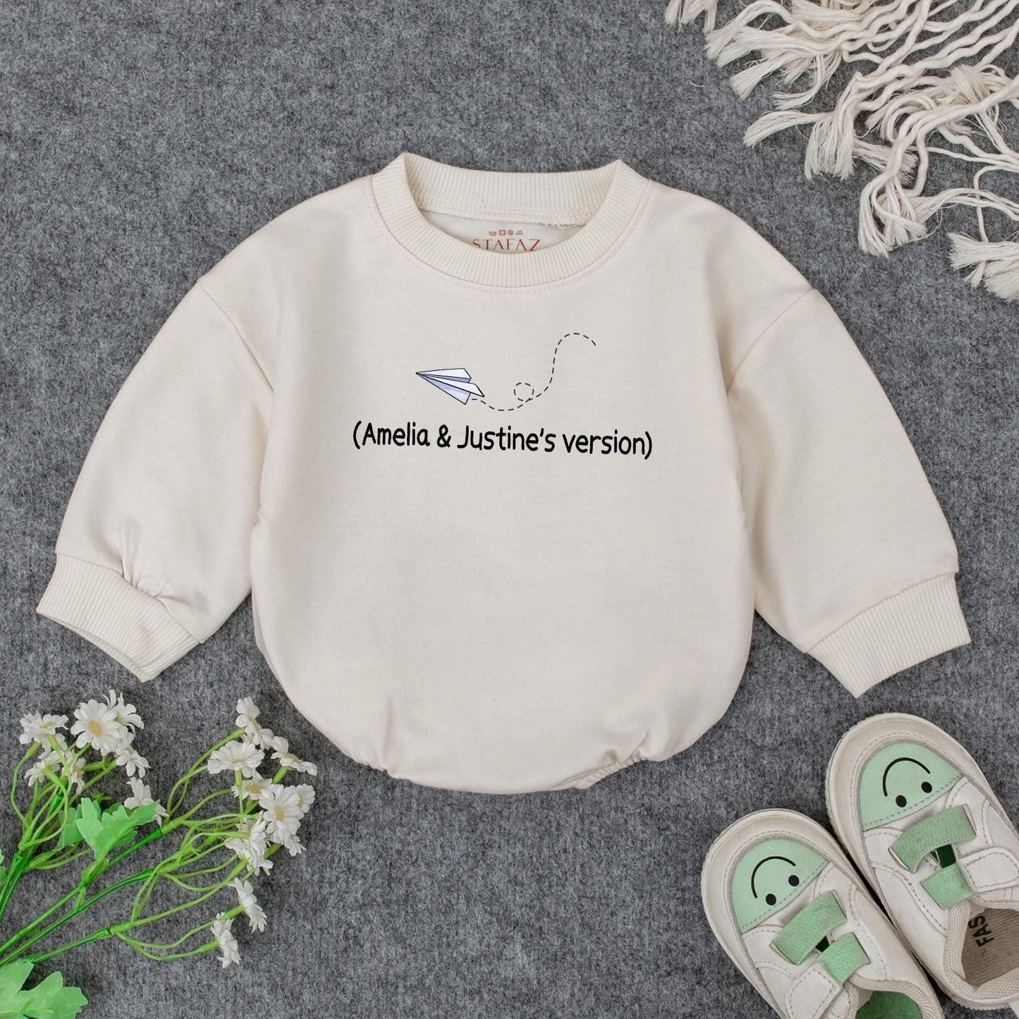 Grandpa's Little Pilot Outfit: Custom Baby Bodysuit with Paper Airplane Design, Perfect Grandbaby Shower Gift with Names (Amelia & Justine's Version)