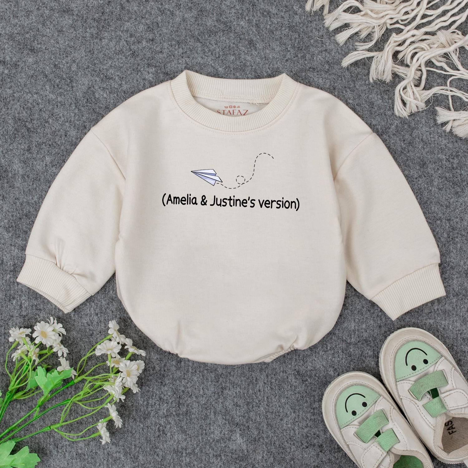 Grandpa's Little Pilot Outfit: Custom Baby Bodysuit with Paper Airplane Design, Perfect Grandbaby Shower Gift with Names (Amelia & Justine's Version)