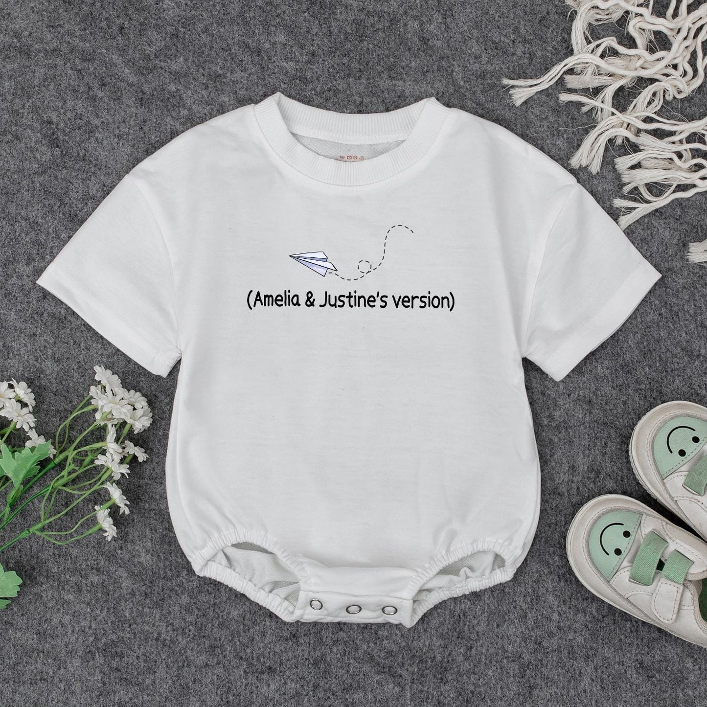 Grandpa's Little Pilot Outfit: Custom Baby Bodysuit with Paper Airplane Design, Perfect Grandbaby Shower Gift with Names (Amelia & Justine's Version)