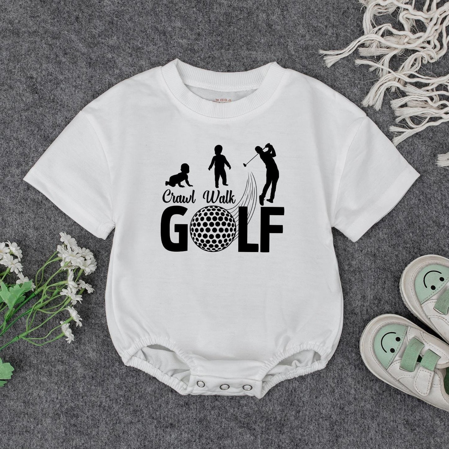 Playful Crawl Walk Golf Baby Romper Bodysuit with Golfer Silhouette Design for Newborn Infant Boys Golf Themed Outfit Baby Shower Gift