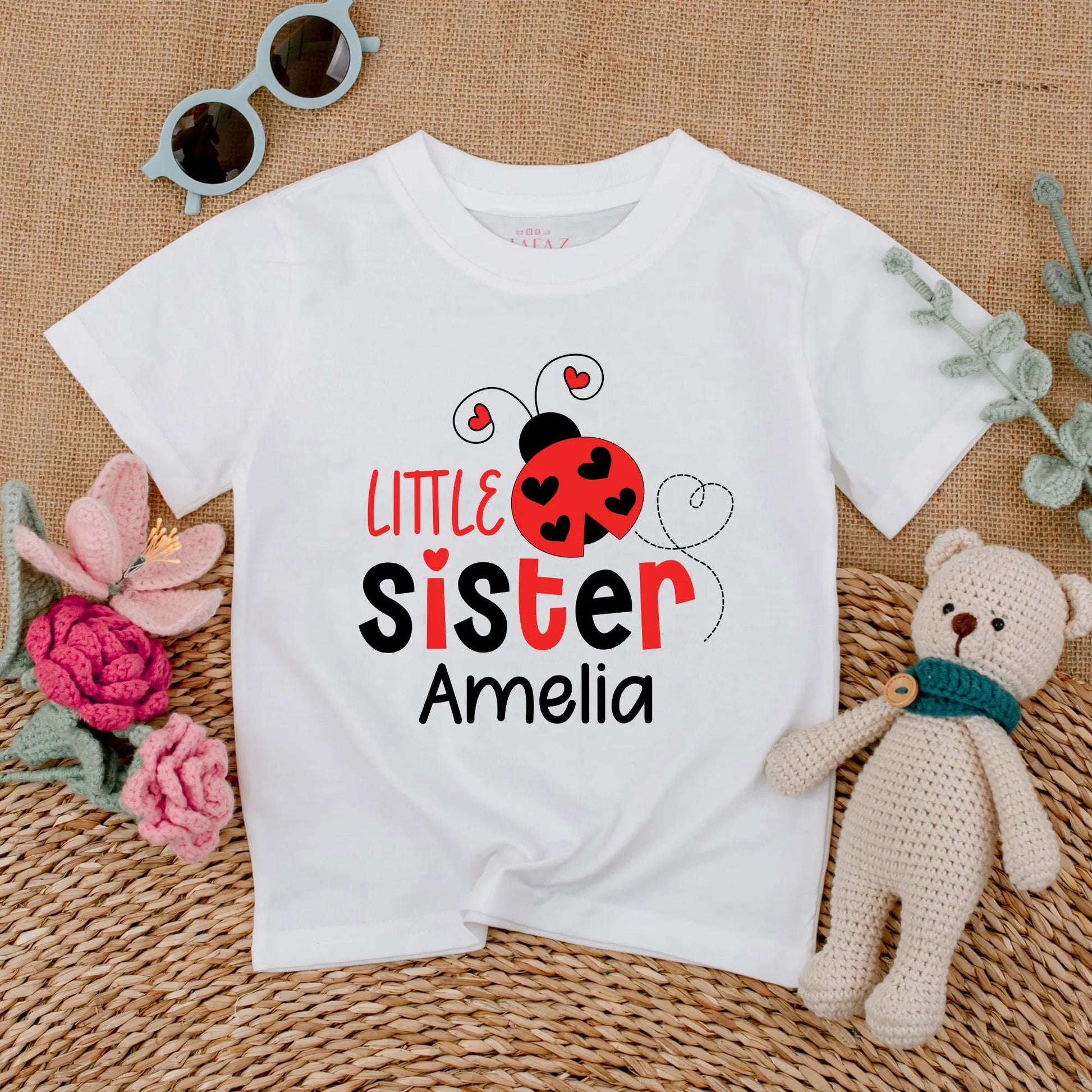 Matching Ladybug Big Sister & Little Sister Rompers: Personalized Sibling Outfits with Names, Baby Girl Announcement, Toddler Shirt Set