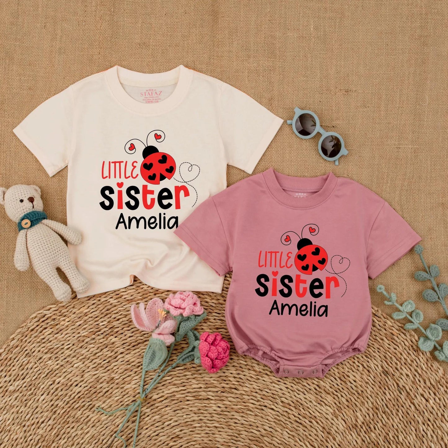 Matching Ladybug Big Sister & Little Sister Rompers: Personalized Sibling Outfits with Names, Baby Girl Announcement, Toddler Shirt Set