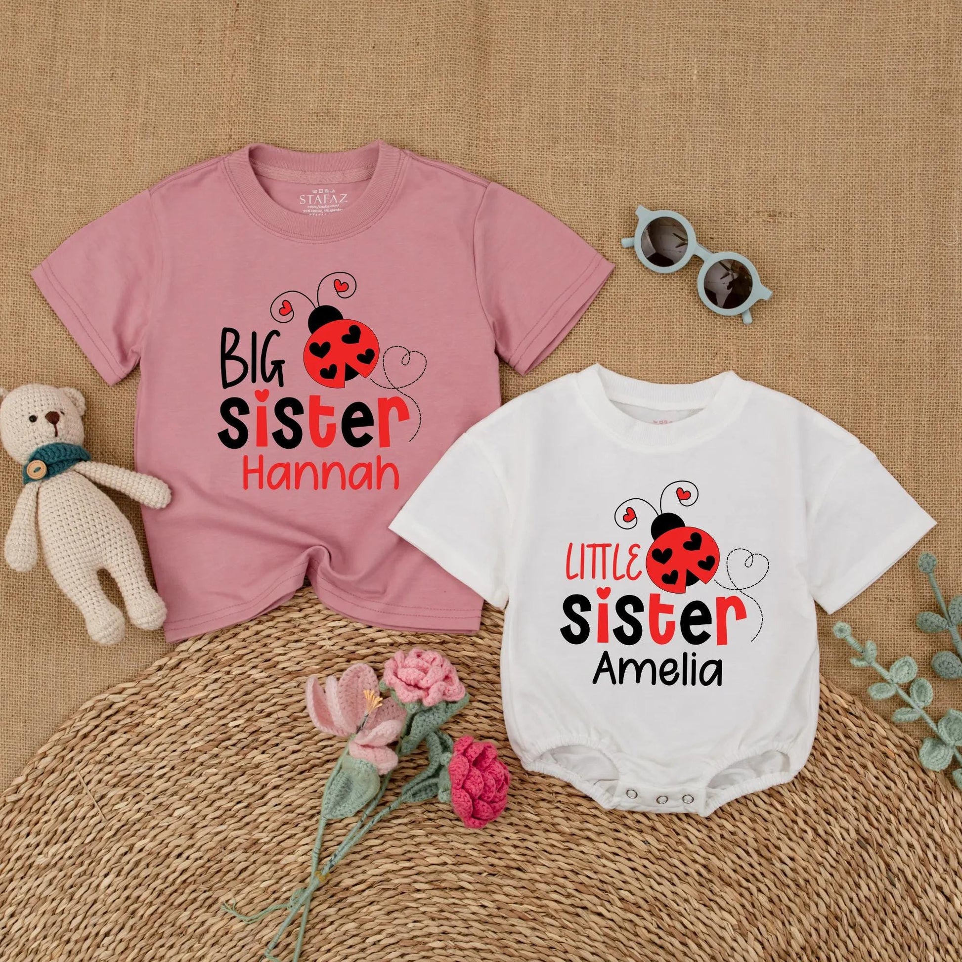 Matching Ladybug Big Sister & Little Sister Rompers: Personalized Sibling Outfits with Names, Baby Girl Announcement, Toddler Shirt Set