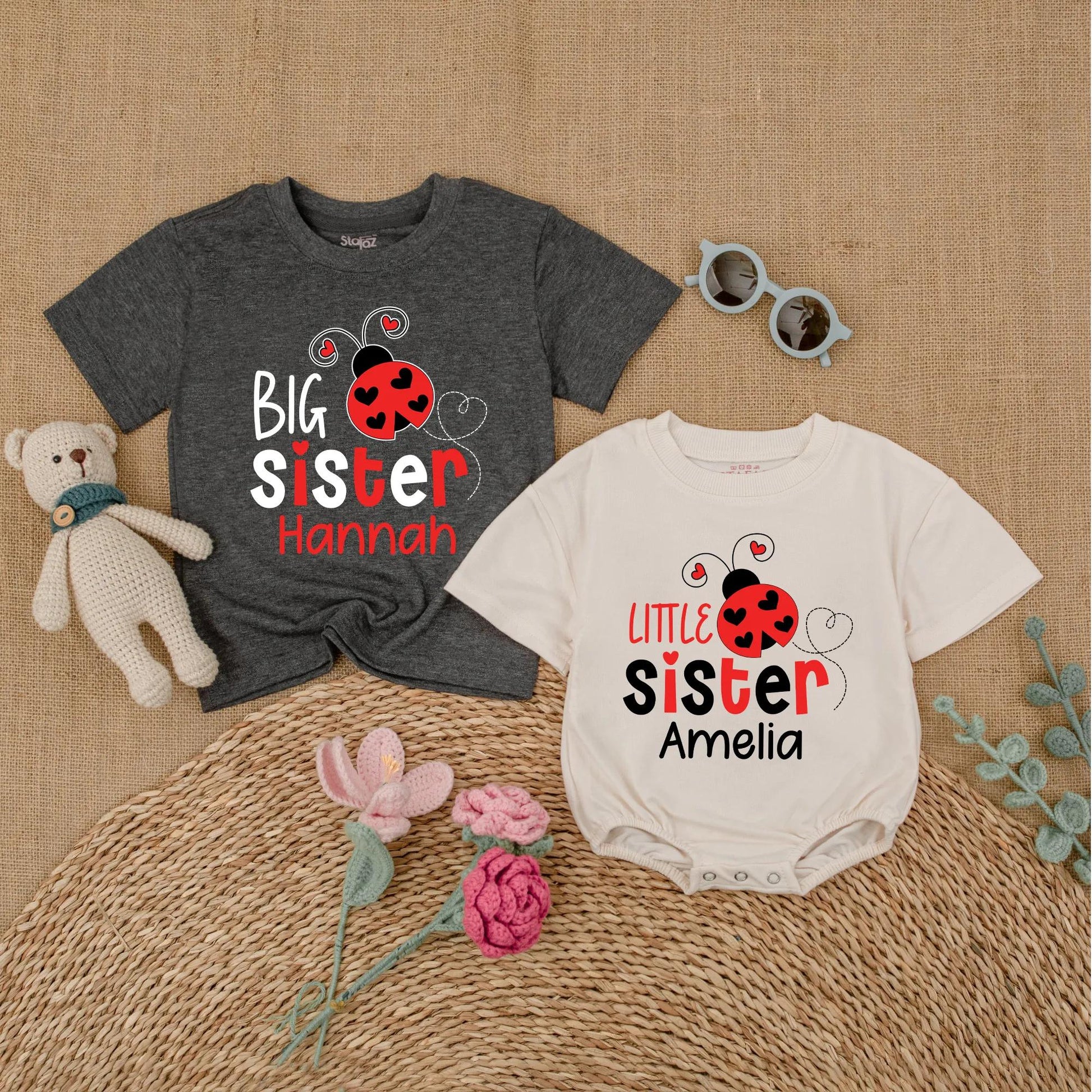 Matching Ladybug Big Sister & Little Sister Rompers: Personalized Sibling Outfits with Names, Baby Girl Announcement, Toddler Shirt Set