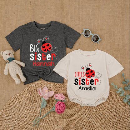 Matching Ladybug Big Sister & Little Sister Rompers: Personalized Sibling Outfits with Names, Baby Girl Announcement, Toddler Shirt Set