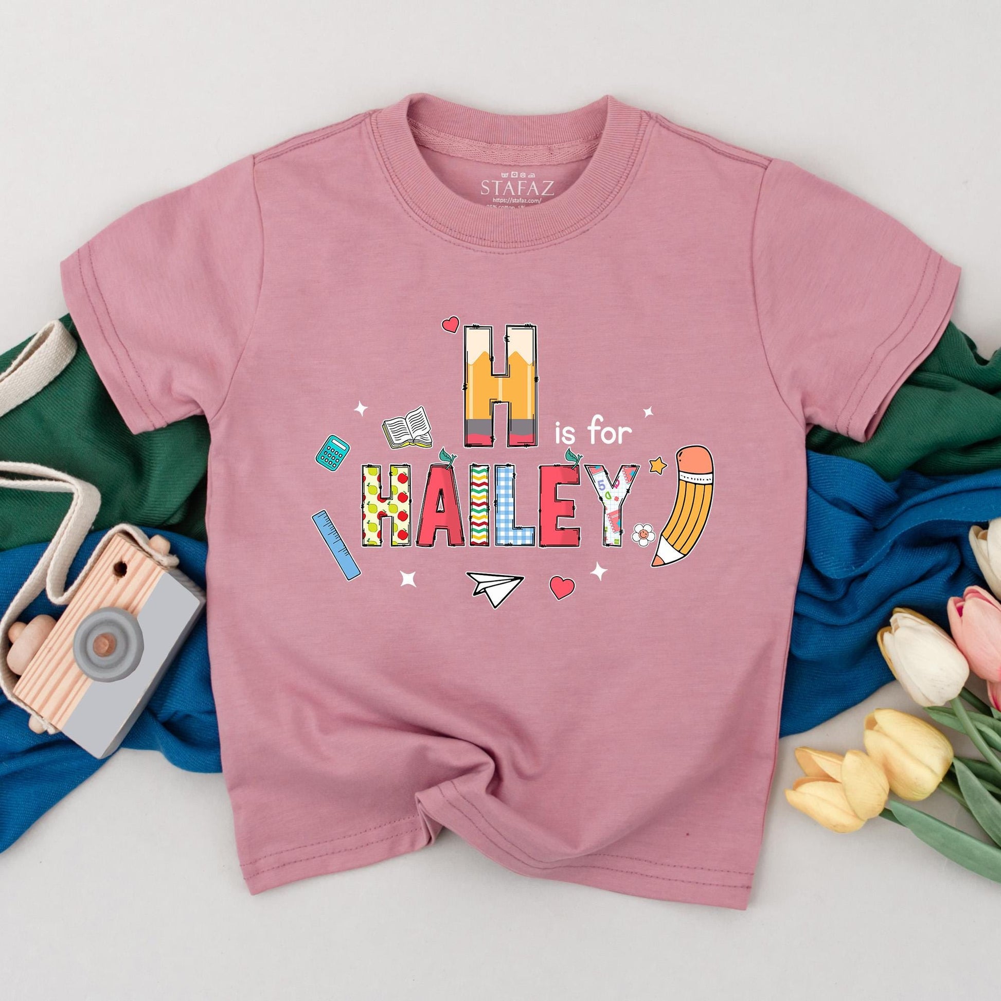 Personalized Kids Name Back To School T-Shirt First Day Outfit Cute Preschool Kindergarten Shirt H Is For Hailey Theme Whimsical