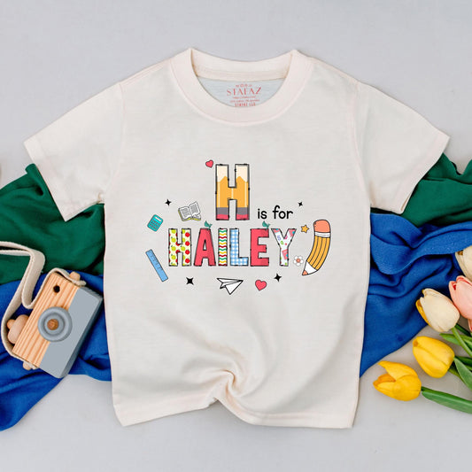 Personalized Kids Name Back To School T-Shirt First Day Outfit Cute Preschool Kindergarten Shirt H Is For Hailey Theme Whimsical