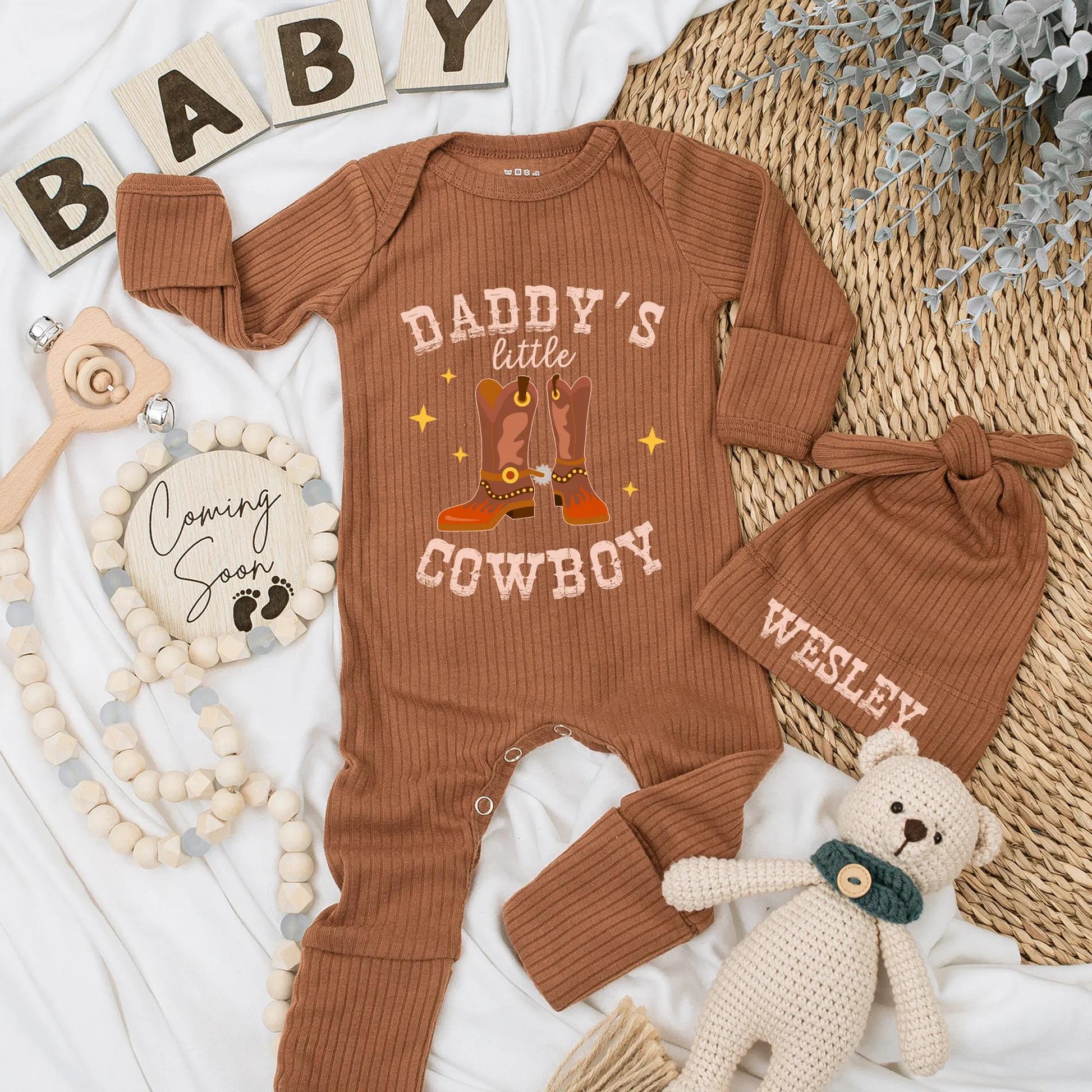 Daddy's Little Cowboy Bodysuit Western Baby Shower Gift Country Baby Clothes Newborn Outfit Rustic Theme Boots Stars Personalized Coming Home Outfit 139