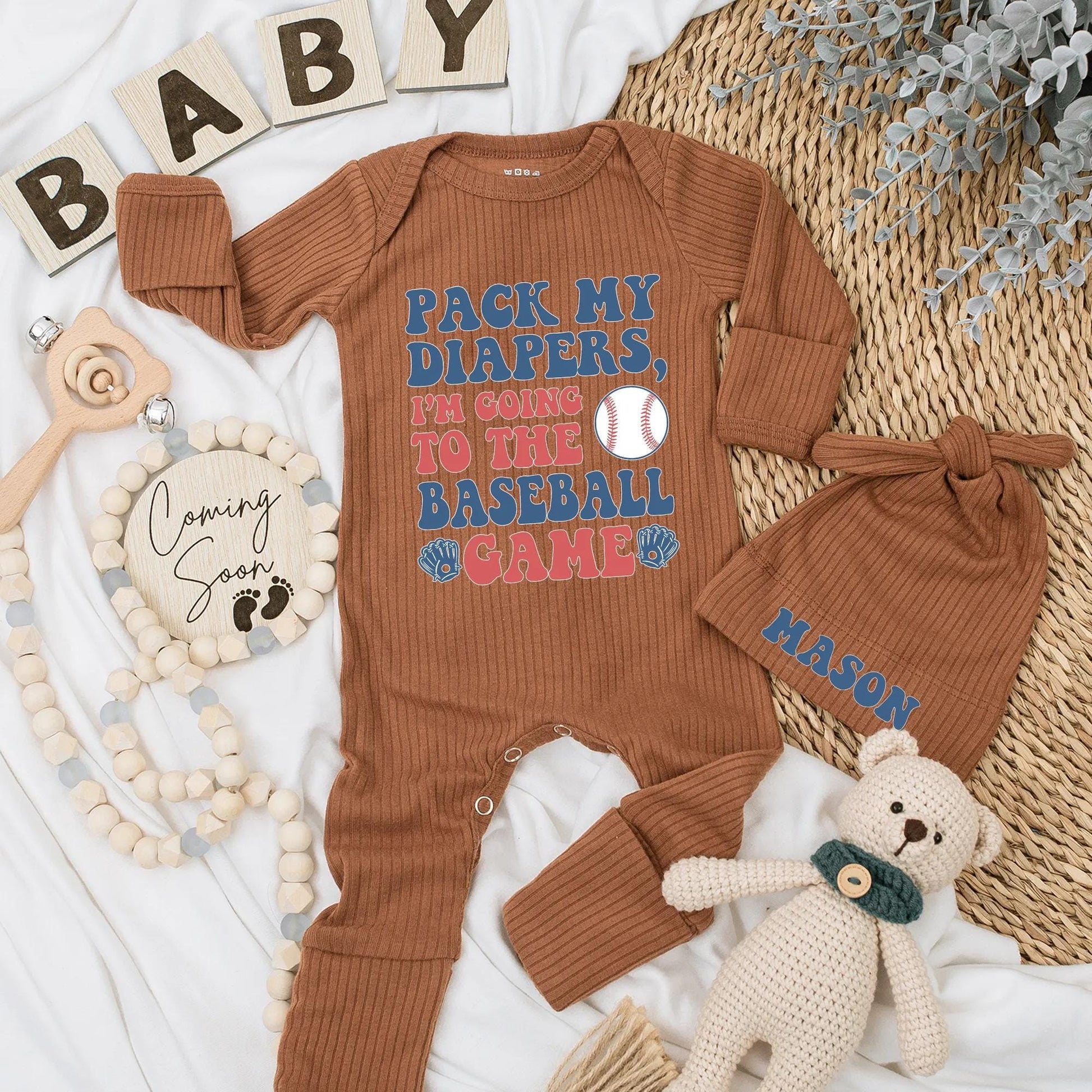 Pack My Diapers Baseball Bodysuit Baby Boy Outfit: Cute Baseball Game Day Clothes, Newborn Boy Gift, Personalized Coming Home Romper (Blue & Red)