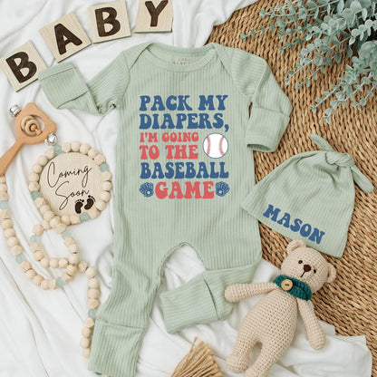 Pack My Diapers Baseball Bodysuit Baby Boy Outfit: Cute Baseball Game Day Clothes, Newborn Boy Gift, Personalized Coming Home Romper (Blue & Red)