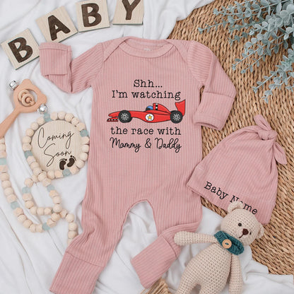 Shh! I'm Watching the Race with Mommy & Daddy Bodysuit - Cute Red Race Car Newborn Outfit, Funny Baby Romper Gift for Little Speedsters (137 chars)