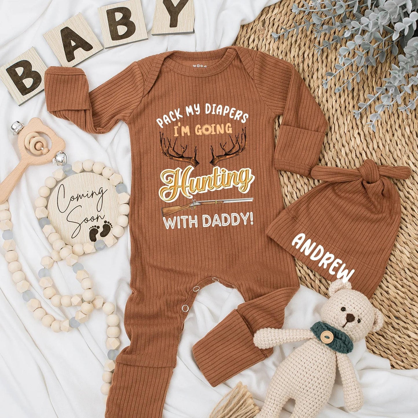 Pack My Diapers I'm Going Hunting With Daddy Bodysuit Funny Baby Boy Outfit with Antlers Rifle Golden Text Newborn Gift for Hunter Dad
