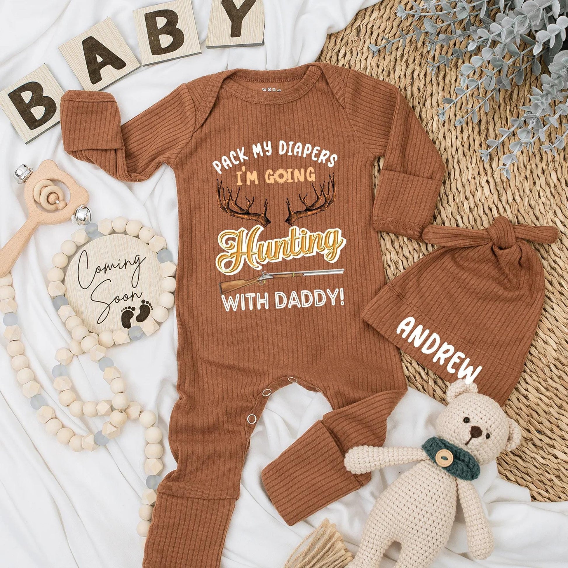Pack My Diapers I'm Going Hunting With Daddy Bodysuit Funny Baby Boy Outfit with Antlers Rifle Golden Text Newborn Gift for Hunter Dad