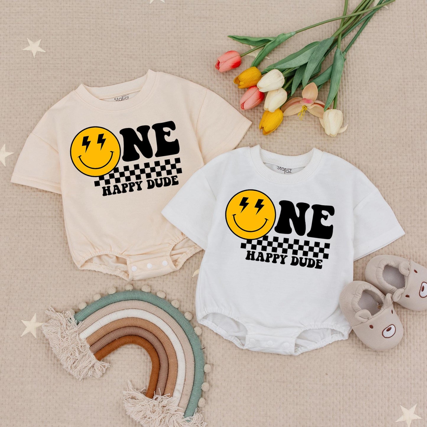 Custom Brady 1st Birthday Romper One Happy Dude Smiley Face Retro Baby Outfit First Birthday Boy Gift