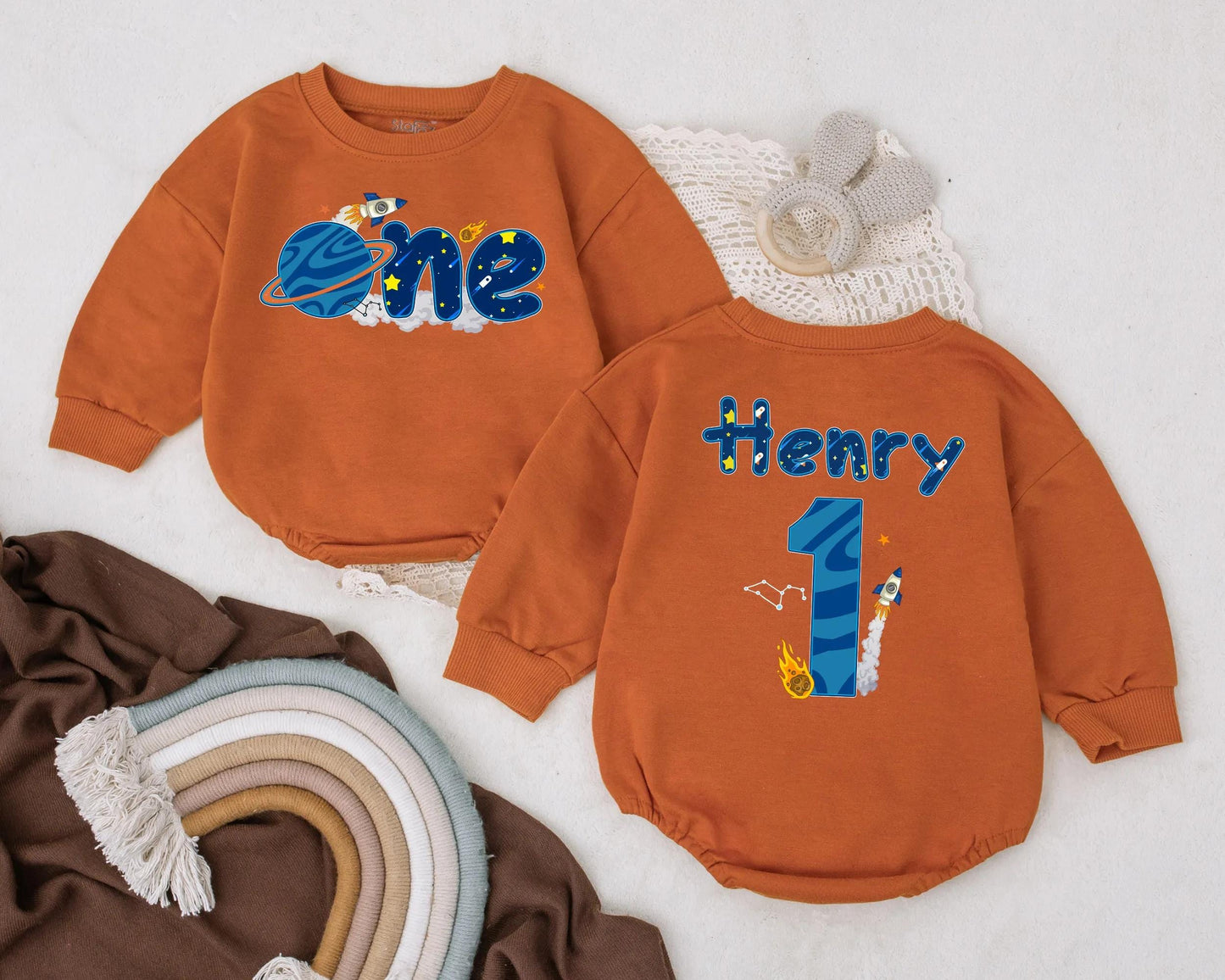 Outer Space First Birthday Bubble Romper Personalized Rocket Planet Baby Boy Outfit for Space Party Two Sided 1st Birthday Gift
