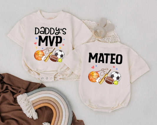 Custom Daddy's MVP Baby Bubble Romper Personalized Father's Day Outfit Sports Theme Baby Gift for Dad First Father's Day Idea