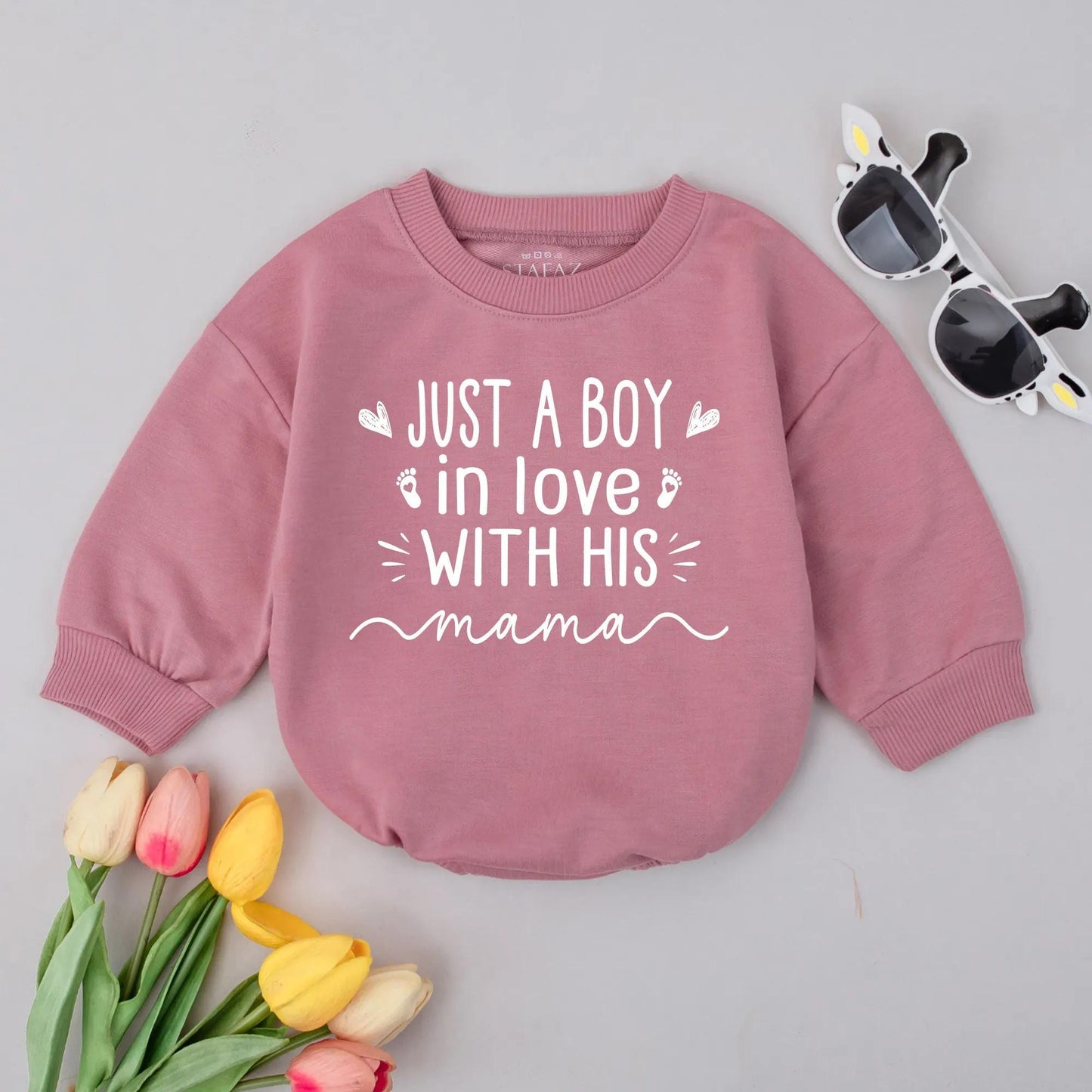 Just a Boy in Love with His Mama Bubble Romper Cute Baby Boy Outfit Mommy's Boy Newborn Clothes Infant Romper Gift (138 chars)