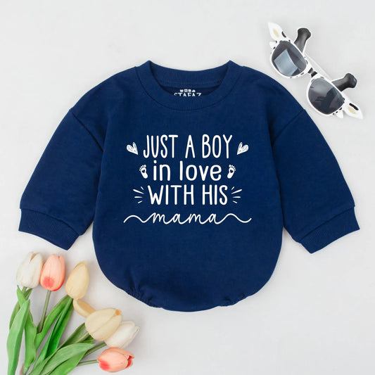 Just a Boy in Love with His Mama Bubble Romper Cute Baby Boy Outfit Mommy's Boy Newborn Clothes Infant Romper Gift (138 chars)