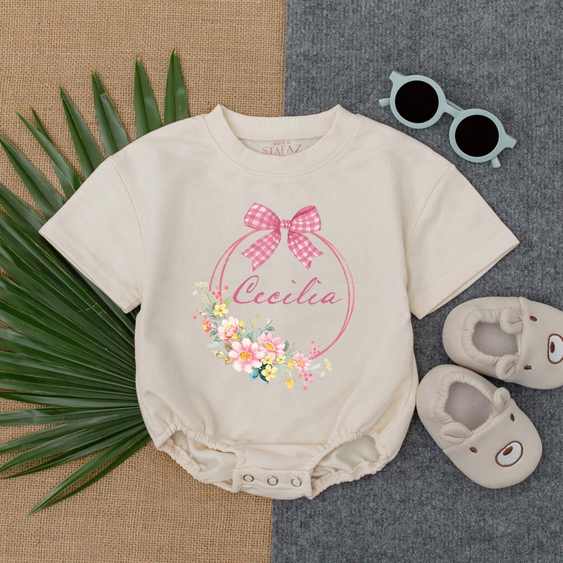 Personalized Baby Girl Romper Cecilia's Floral Wreath Outfit, Gingham Bow, Custom Name Infant Bodysuit, Baby Shower Gift, Cute Newborn Clothes, Pink Flowers