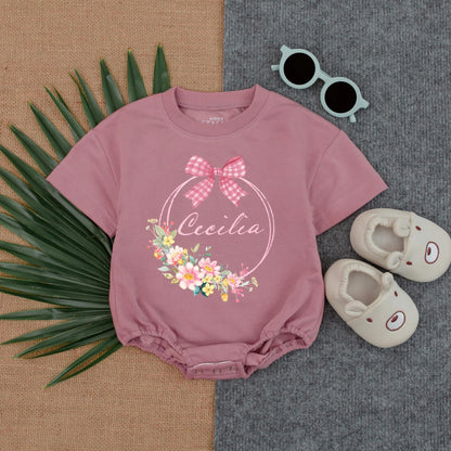Personalized Baby Girl Floral T Shirt Bubble Romper Infant Outfit with Flower Frame Baby Shower Gift Idea