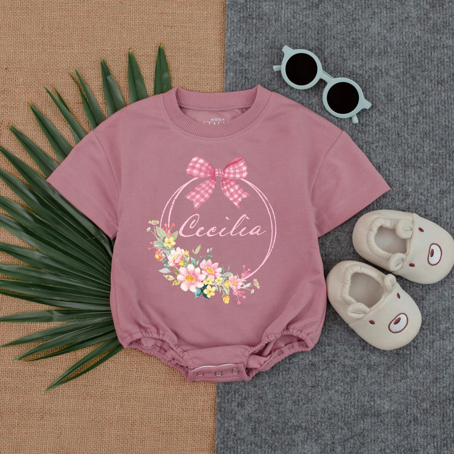 Personalized Baby Girl Romper Cecilia's Floral Wreath Outfit, Gingham Bow, Custom Name Infant Bodysuit, Baby Shower Gift, Cute Newborn Clothes, Pink Flowers