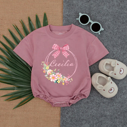 Personalized Baby Girl Romper Cecilia's Floral Wreath Outfit, Gingham Bow, Custom Name Infant Bodysuit, Baby Shower Gift, Cute Newborn Clothes, Pink Flowers