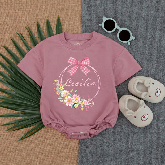 Personalized Baby Girl Romper Cecilia's Floral Wreath Outfit, Gingham Bow, Custom Name Infant Bodysuit, Baby Shower Gift, Cute Newborn Clothes, Pink Flowers