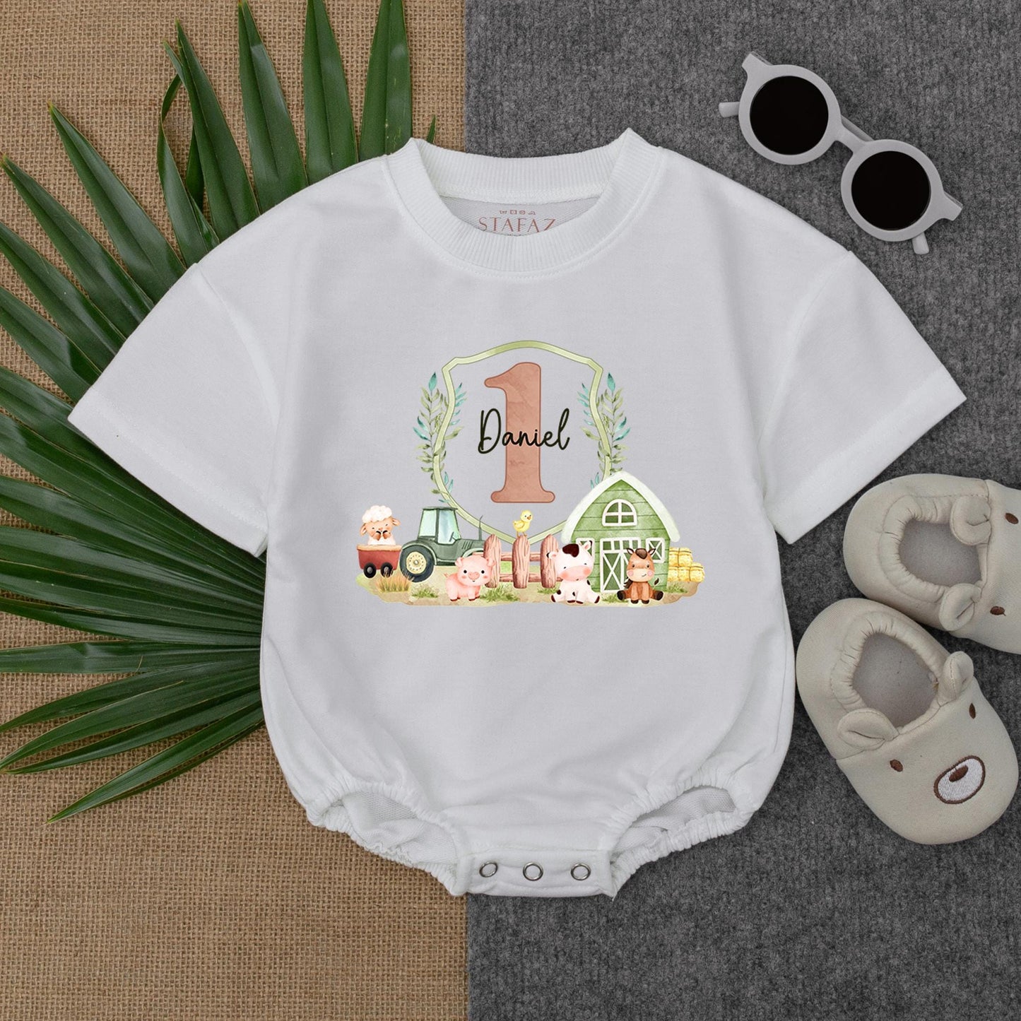 Custom Daniel 1st Birthday Farm Bubble Romper Cute Barn Animal Tractor Design Muted Earthy Green Pink Toddler Baby Boy Gift Outfit