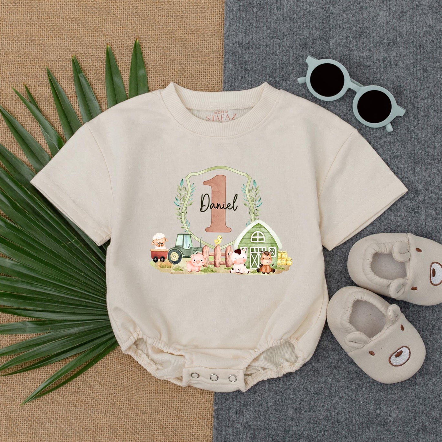 Custom Daniel 1st Birthday Farm Bubble Romper Cute Barn Animal Tractor Design Muted Earthy Green Pink Toddler Baby Boy Gift Outfit