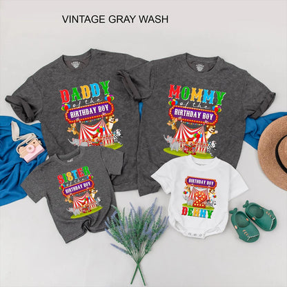 Circus Birthday Matching Family Shirts, Custom Name & Age Outfit, Carnival Party Tees for Birthday Boy, Mommy, Daddy, Sister, Personalized Celebration (139 chars)