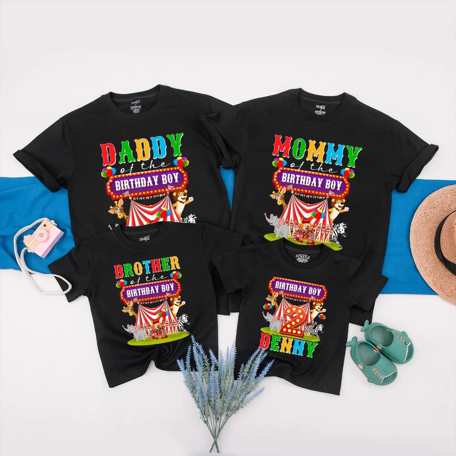 Circus Birthday Matching Family Shirts, Custom Name & Age Outfit, Carnival Party Tees for Birthday Boy, Mommy, Daddy, Sister, Personalized Celebration (139 chars)