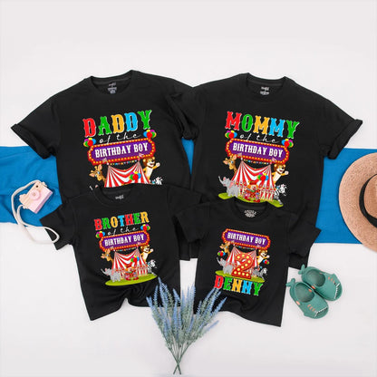 Circus Birthday Matching Family Shirts, Custom Name & Age Outfit, Carnival Party Tees for Birthday Boy, Mommy, Daddy, Sister, Personalized Celebration (139 chars)