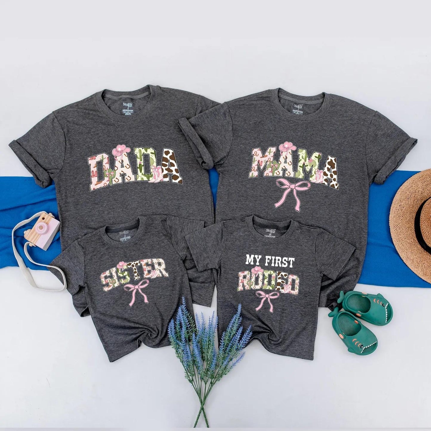 Matching Family Rodeo Birthday Shirts "My First Rodeo" Baby Mama Dada Sister Western Party Outfits Pink Green Brown Cowgirl Cowboy Boots Floral