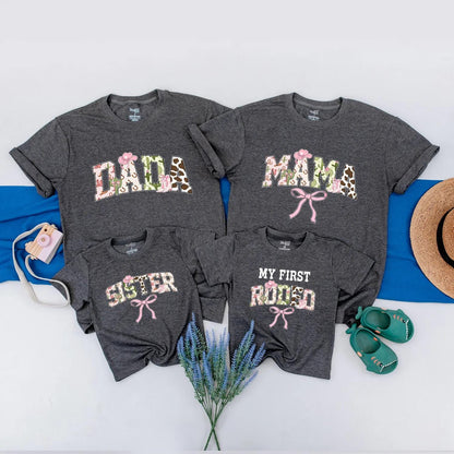 Matching Family Rodeo Birthday Shirts "My First Rodeo" Baby Mama Dada Sister Western Party Outfits Pink Green Brown Cowgirl Cowboy Boots Floral