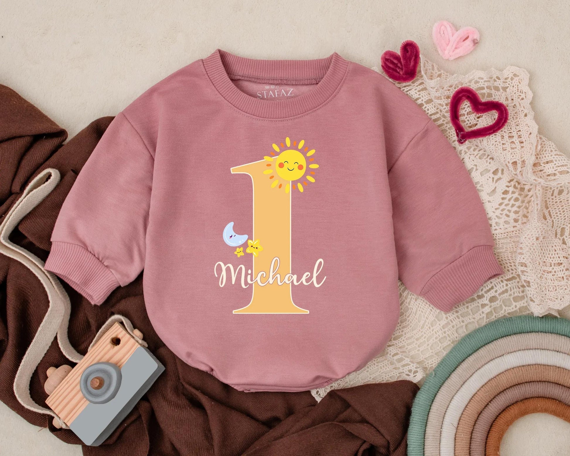Personalized Sunshine 1st Birthday Outfit Baby Boy, Custom Name Romper, Smash Cake Clothes, First Trip Around the Sun Gift (138 chars)