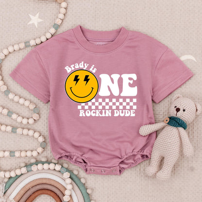 One Rockin Dude Personalized Birthday Romper, Retro Smiley Face First Birthday Outfit, Custom Name Checkered Baby Boy Gift, Groovy ONE Babysuit 138 chars
