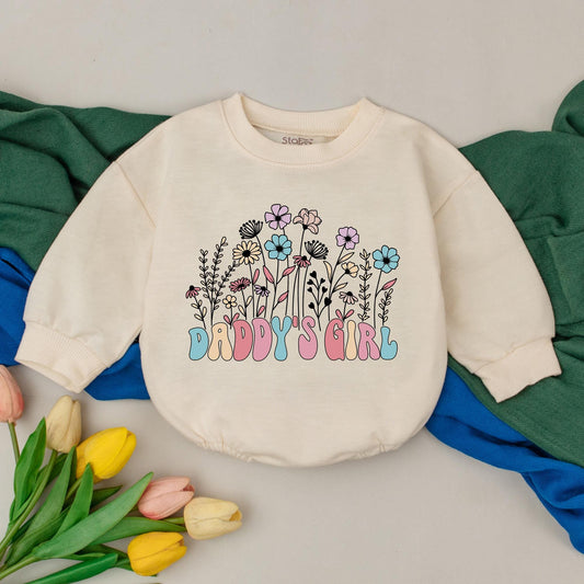 Daddy's Girl Floral Bubble Romper Baby Girl Father's Day Gift Newborn Outfit Pastel Colors Whimsical Retro Design Daddy & Me