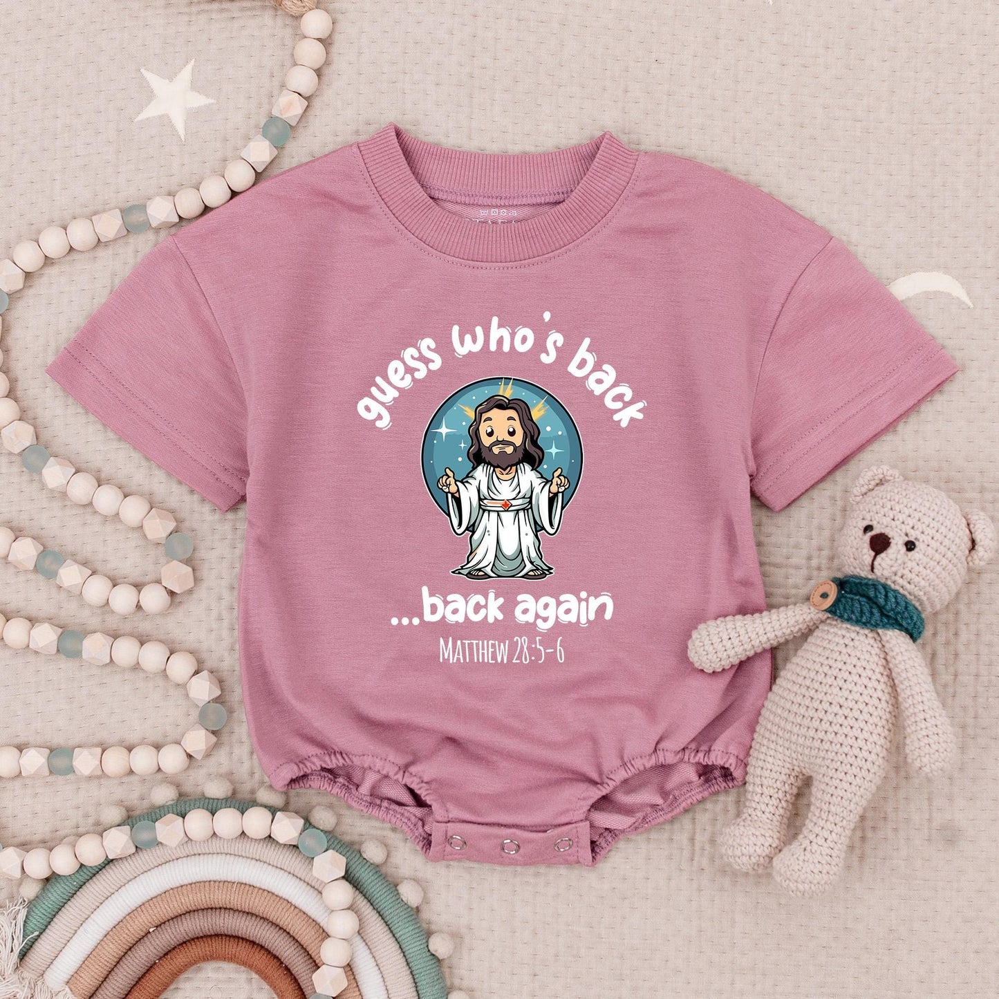 He's Back! Funny Jesus Baby Romper, Cartoon Christian Bodysuit with Matthew 28:5-6 Verse, Religious Newborn Outfit, Easter Gift, Soft Cotton 138