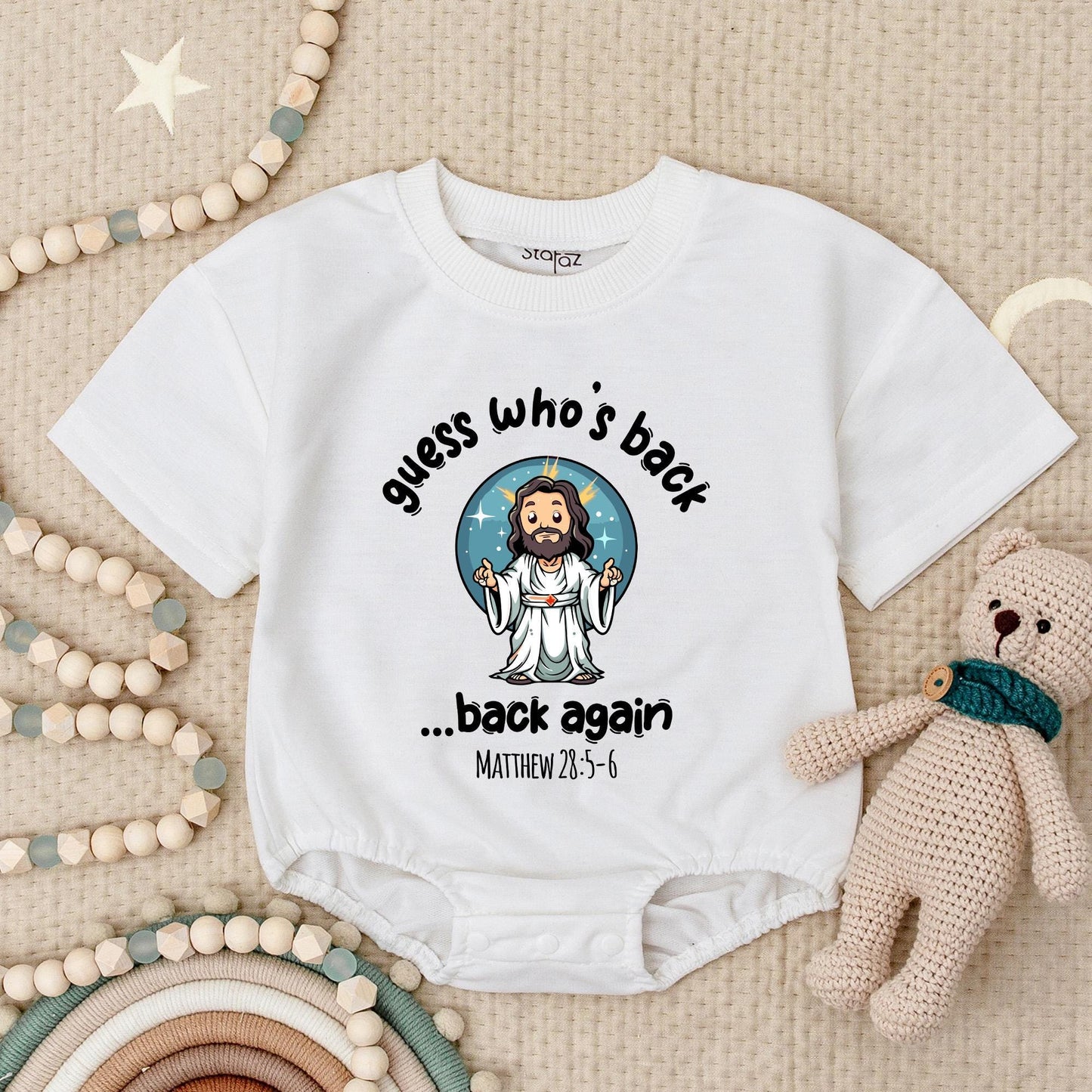 He's Back! Funny Jesus Baby Romper, Cartoon Christian Bodysuit with Matthew 28:5-6 Verse, Religious Newborn Outfit, Easter Gift, Soft Cotton 138