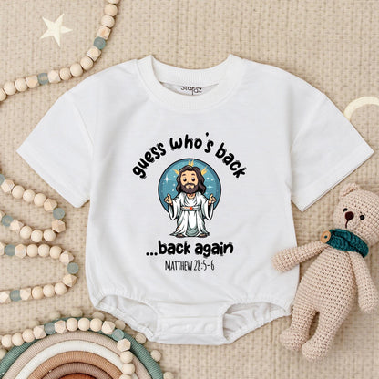 He's Back! Funny Jesus Baby Romper, Cartoon Christian Bodysuit with Matthew 28:5-6 Verse, Religious Newborn Outfit, Easter Gift, Soft Cotton 138