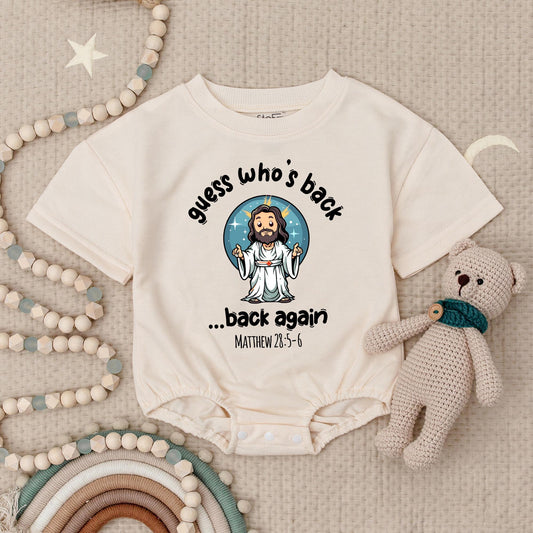 He's Back! Funny Jesus Baby Romper, Cartoon Christian Bodysuit with Matthew 28:5-6 Verse, Religious Newborn Outfit, Easter Gift, Soft Cotton 138