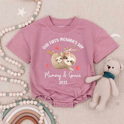 Our First Mother's Day Sloth Baby Romper - Mummy & Grace 2025 Bodysuit with Hearts, Sweet Sloth Outfit, Infant Girl or Boy Gift 138 chars