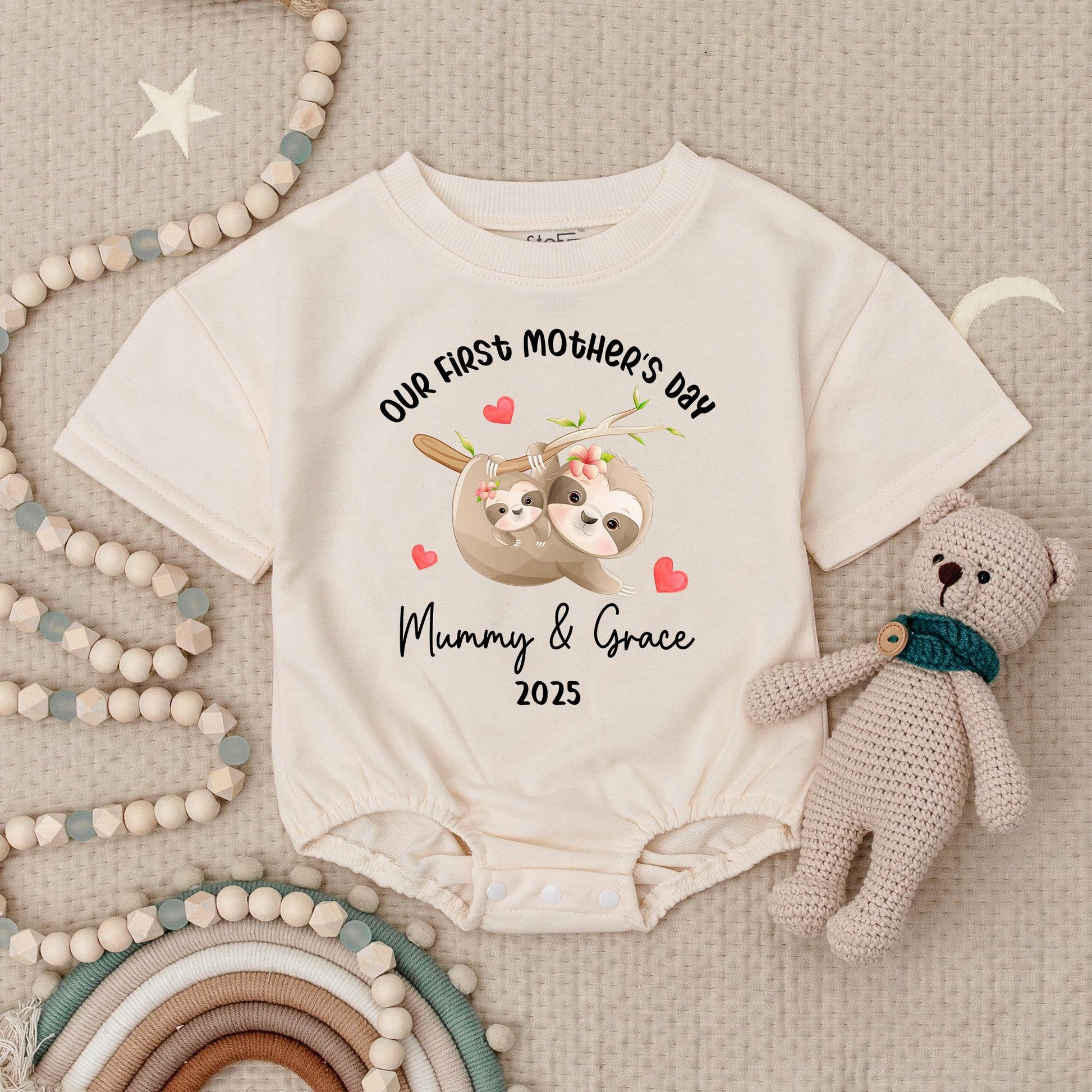 Our First Mother's Day Sloth Baby Romper - Mummy & Grace 2025 Bodysuit with Hearts, Sweet Sloth Outfit, Infant Girl or Boy Gift 138 chars