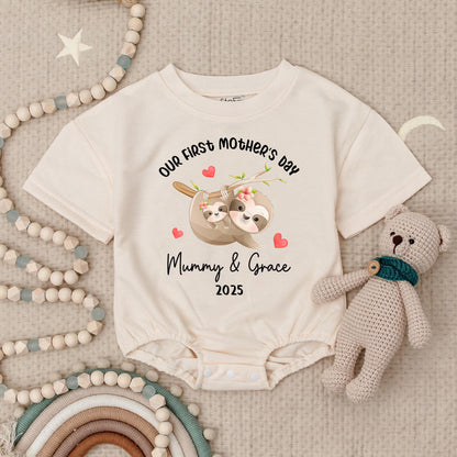 Our First Mother's Day Sloth Baby Romper - Mummy & Grace 2025 Bodysuit with Hearts, Sweet Sloth Outfit, Infant Girl or Boy Gift 138 chars