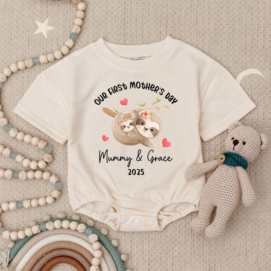 Our First Mother's Day Sloth Baby Romper - Mummy & Grace 2025 Bodysuit with Hearts, Sweet Sloth Outfit, Infant Girl or Boy Gift 138 chars