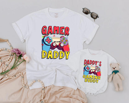 Gamer Daddy & Baby Matching Shirt Father Son Gaming Outfit Daddy’s Gaming Buddy Bubble Romper for New Dad Father’s Day Gift